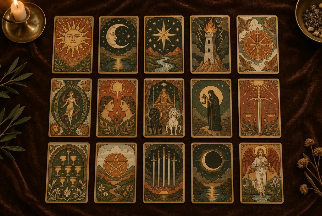 Kadife örtü üzerinde sıra sıra dizilmiş süslü tarot kartları