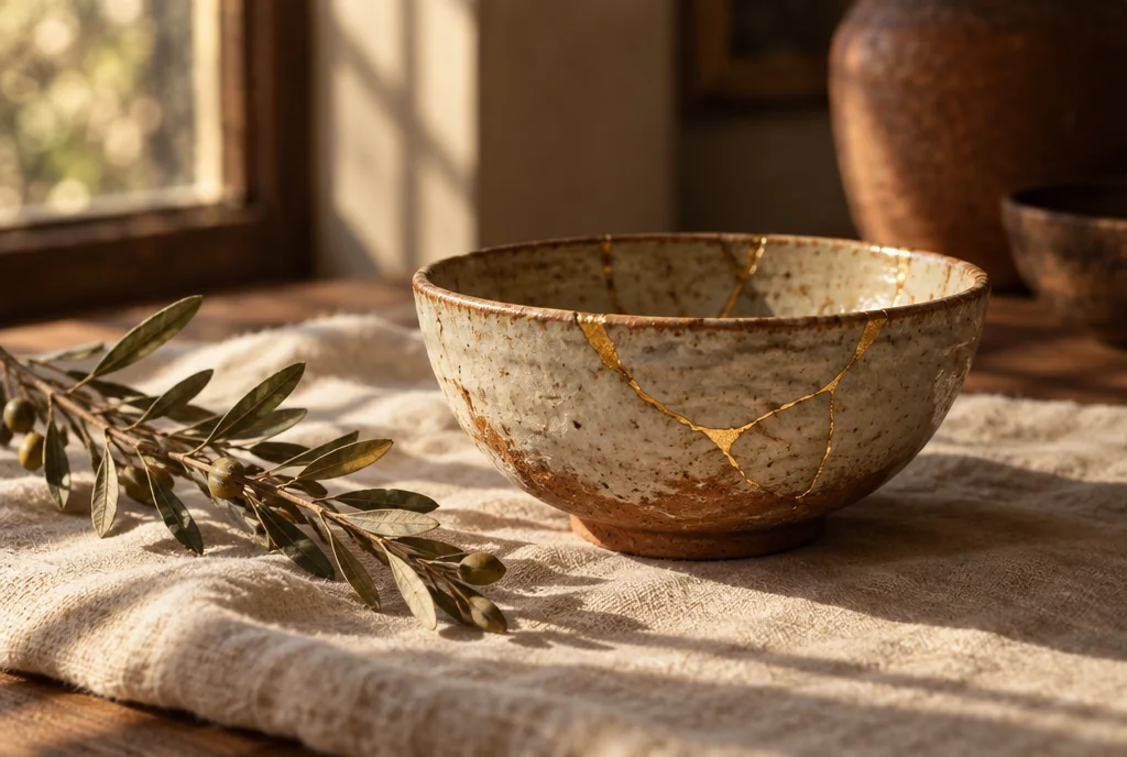 Altın kintsugi dikişleriyle onarılmış seramik kâse