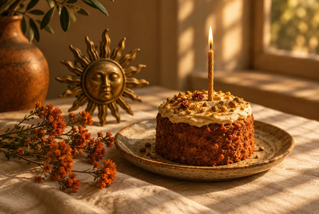 Tek mumlu küçük pasta, pirinç güneş süsü ve kurutulmuş çiçekler