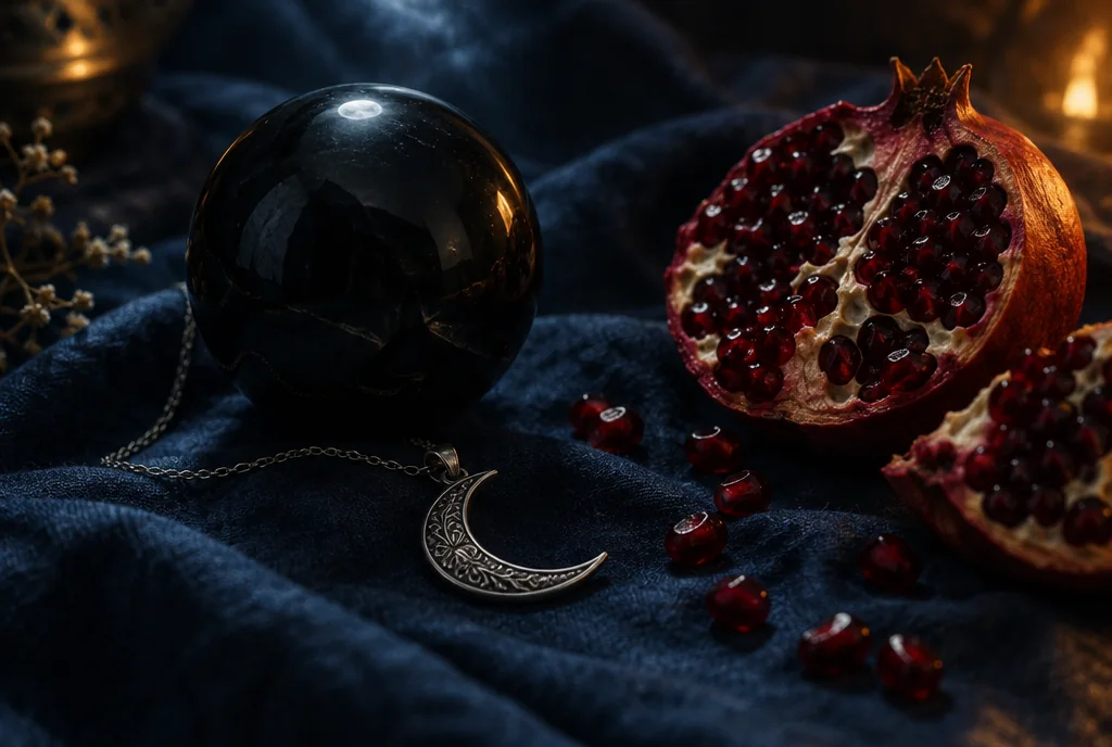 Gece mavisi keten üzerinde parlak siyah obsidyen küre, gümüş hilal kolye ve ikiye bölünmüş nar