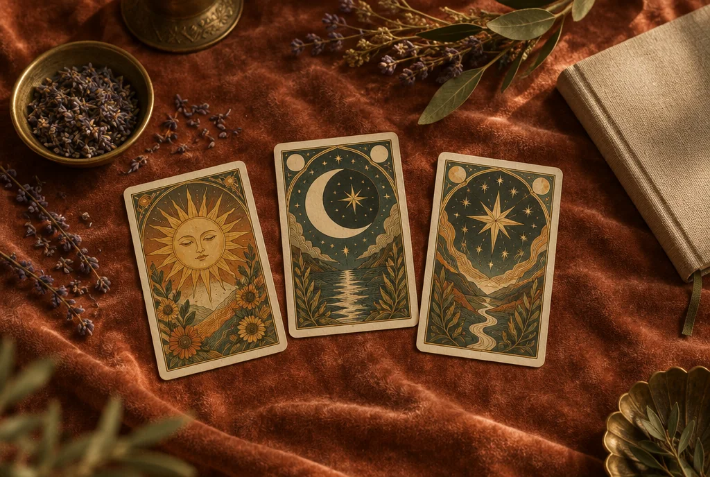 Kadife örtü üzerinde güneş, ay ve yıldız motifli üç kartlık tarot açılımı