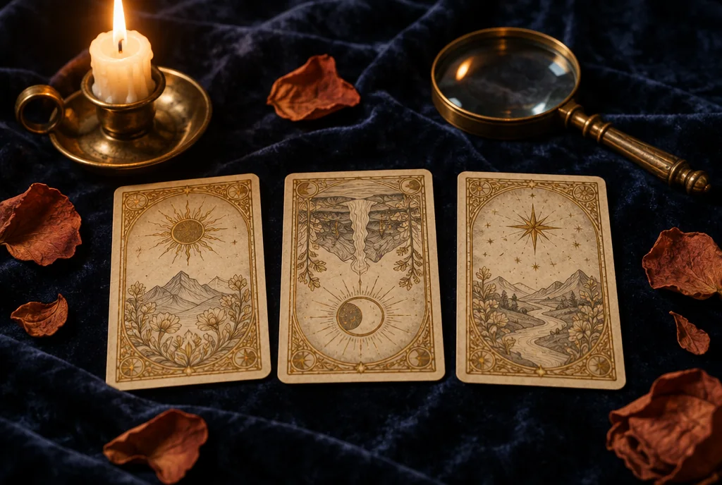 Gece mavisi kadife üzerinde ortadaki ters duran üç tarot kartı, yanan mum, büyüteç ve kurutulmuş gül yaprakları