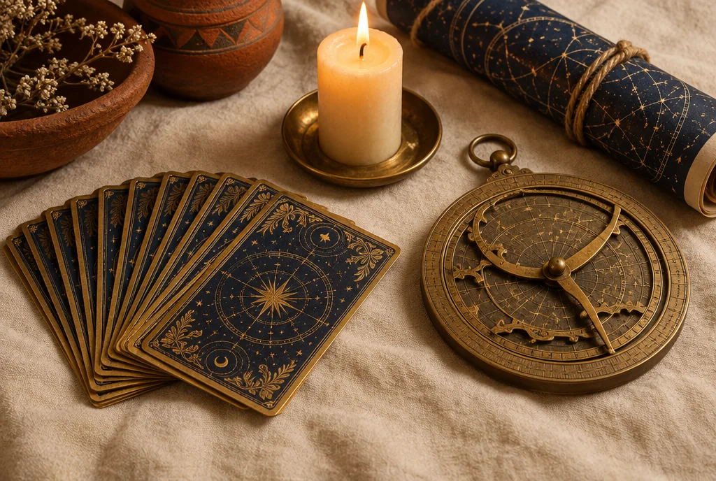 Keten üzerinde yelpaze gibi açılmış tarot kartları, pirinç usturlap, mum ve yıldız haritası rulosu