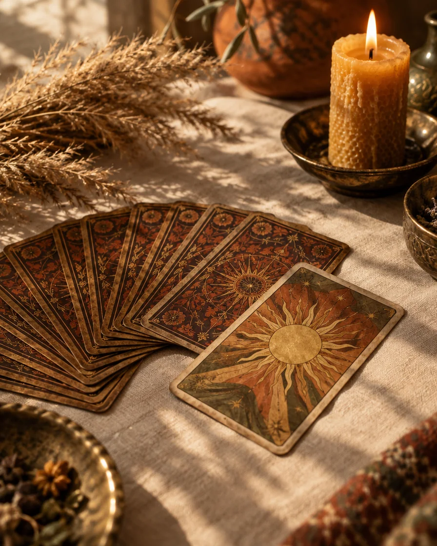 Keten örtü üzerine yelpaze gibi açılmış tarot kartları ve yanan mum